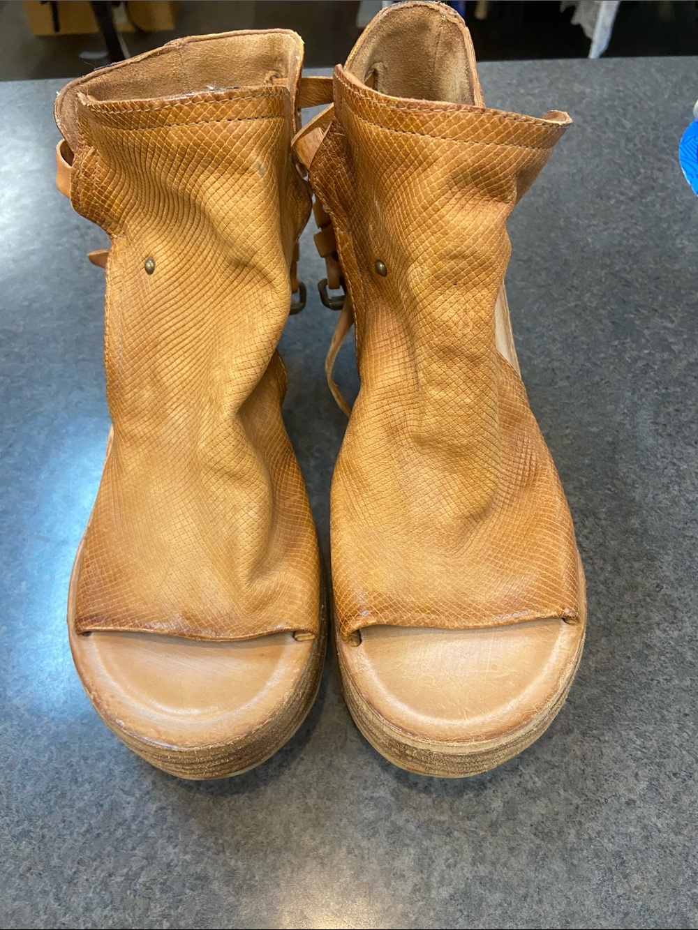 A.S.98 Cognac Open-Toe Wedge Sandal Boots - Picture 3 of 6